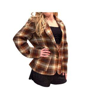 Vintage Plaid Wool Blend Blazer Ladies Size MED Brown Earth Tones MED